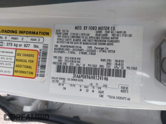 2017 Ford Fusion Titanium z VIN 3FA6P0K96HR124146, wystawiony jako IAAI lot #42428041 z przebiegiem 204 306 mil mil oraz . Historia ofert i sprzedaży dostępna na DreamBid. Obrazek 9.