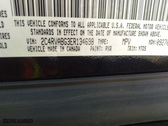 2014 Volkswagen Routan SE w/RSE & Navigation with VIN 2C4RVABG3ER134698, listed as a IAAI auction lot 41796736 with 110,282 mi miles. Bid and sale history available at carsss.com. Image 9.
