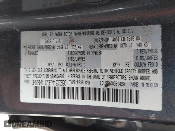 2015 Mazda 3 i Sport z VIN 3MZBM1U73FM190390, wystawiony jako IAAI lot #42235160 z przebiegiem 156 539 mil mil oraz . Historia ofert i sprzedaży dostępna na DreamBid. Obrazek 9.