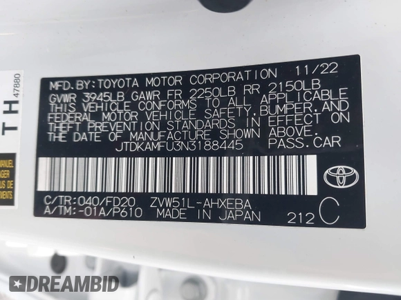 2022 Toyota Prius L Eco with VIN JTDKAMFU3N3188445, listed as a IAAI auction lot 41138076 with 25,225 mi miles and . Bid and sale history available at DreamBid. Image 9.