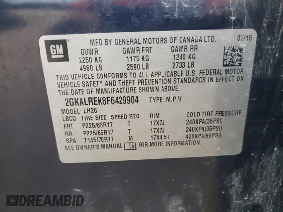 2015 GMC Terrain SLE with VIN 2GKALREK8F6429904, listed as a Copart auction lot 61918225 with 116,593 mi miles and Salvage title. Bid and sale history available at DreamBid. Image 13.