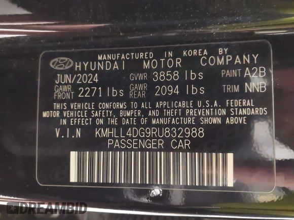 2024 Hyundai Elantra SE with VIN KMHLL4DG9RU832988, listed as a IAAI auction lot 42166112 with 9,676 mi miles and . Bid and sale history available at DreamBid. Image 9.