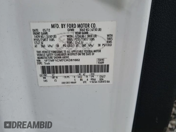 2012 Ford F-150 XL with VIN 1FTMF1CM7CKD81682, listed as a Copart auction lot 57115185 with 166,169 mi miles and Clean title. Bid and sale history available at DreamBid. Image 12.