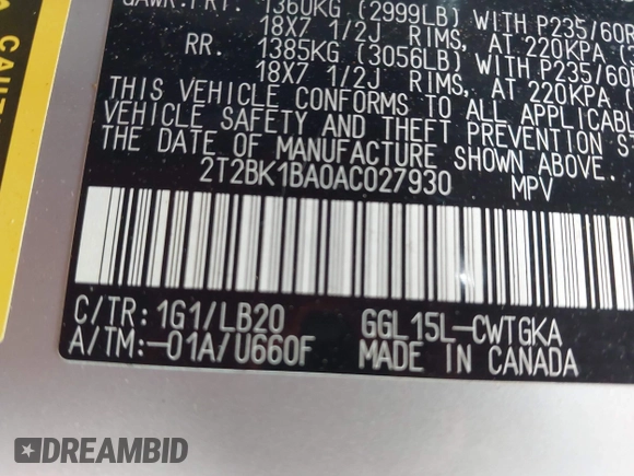 2010 Lexus RX 350 with VIN 2T2BK1BA0AC027930, listed as a IAAI auction lot 42619866 with 184,607 mi miles and . Bid and sale history available at DreamBid. Image 9.