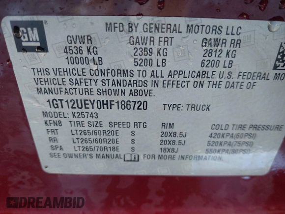 2017 GMC Sierra 2500HD Denali z VIN 1GT12UEY0HF186720, wystawiony jako IAAI lot #41580466 z przebiegiem Nie podano mil oraz . Historia ofert i sprzedaży dostępna na DreamBid. Obrazek 9.
