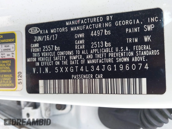 2018 Kia Optima S with VIN 5XXGT4L34JG196074, listed as a IAAI auction lot 41335248 with 88,325 mi miles. Bid and sale history available at carsss.com. Image 9.