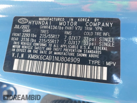 2022 Hyundai Kona SEL with VIN KM8K6CAB1NU804909, listed as a IAAI auction lot 41321862 with 20,091 mi miles. Bid and sale history available at carsss.com. Image 9.