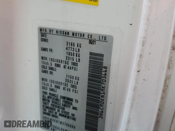 2021 Nissan NV200 SV with VIN 3N6CM0KN1MK705668, listed as a Copart auction lot 45154555 with Not provided miles and Salvage title. Bid and sale history available at DreamBid. Image 14.