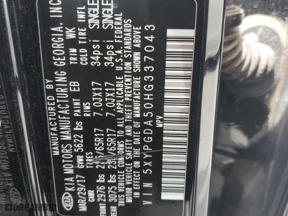 2017 Kia Sorento LX V6 with VIN 5XYPGDA50HG337043, listed as a Copart auction lot 54105935 with 120,539 mi miles and Clean Title. Bid and sale history available at carsss.com. Image 13.