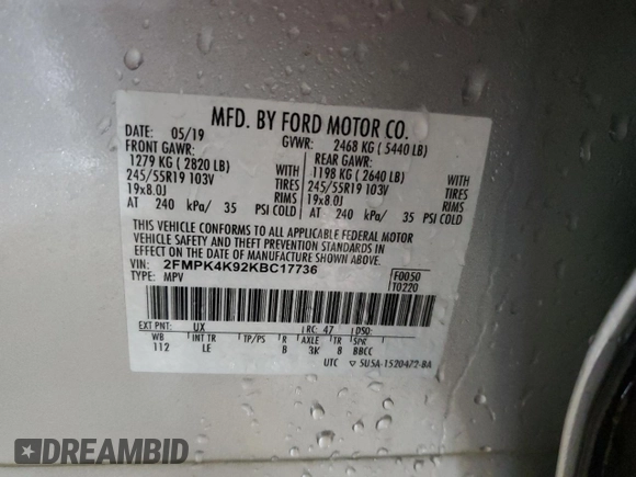 2019 Ford Edge Titanium with VIN 2FMPK4K92KBC17736, listed as a Copart auction lot 52619465 with 53,436 mi miles and Salvage Title. Bid and sale history available at carsss.com. Image 14.