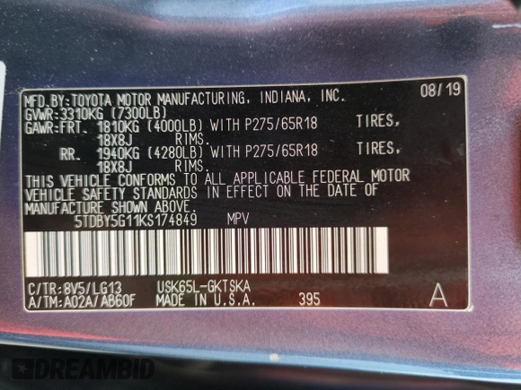 2019 Toyota Sequoia SR5 with VIN 5TDBY5G11KS174849, listed as a Copart auction lot 74324084 with 0 mi miles and Non Repairable. Bid and sale history available at carsss.com. Image 14.