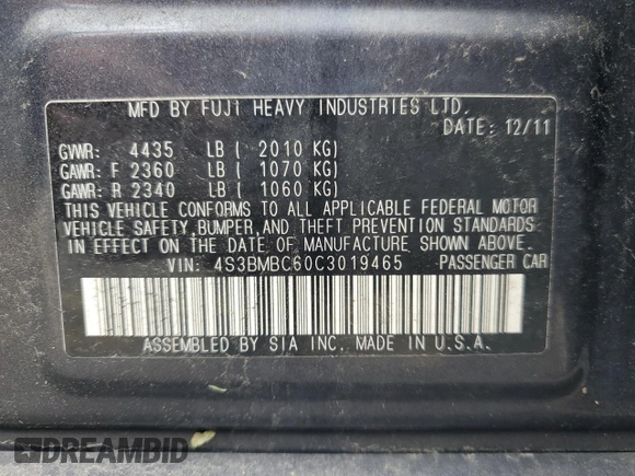 2012 Subaru Legacy Premium with VIN 4S3BMBC60C3019465, listed as a Copart auction lot 55465545 with 143,049 mi miles and Salvage Title. Bid and sale history available at DreamBid. Image 12.