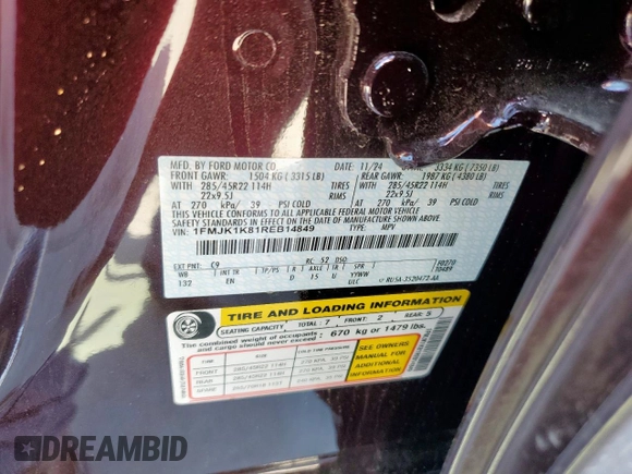 2024 Ford Expedition Max Limited with VIN 1FMJK1K81REB14849, listed as a Copart auction lot 51777455 with 1,088 mi miles and Salvage title. Bid and sale history available at DreamBid. Image 14.