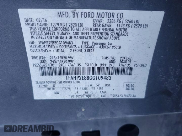 2016 Ford Taurus SEL with VIN 1FAHP2E88GG109483, listed as a Copart auction lot 41514155 with 148,646 mi miles and Salvage Title. Bid and sale history available at DreamBid. Image 12.
