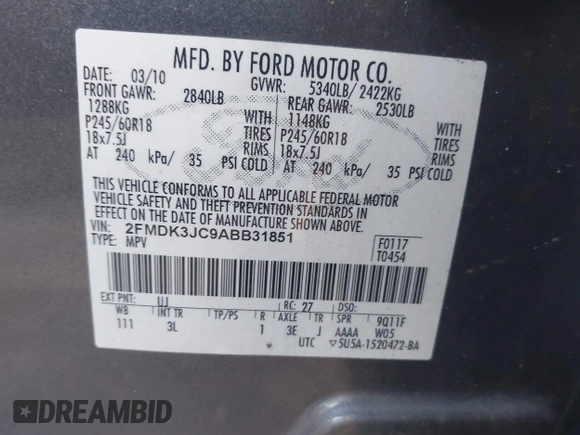 2010 Ford Edge SEL with VIN 2FMDK3JC9ABB31851, listed as a IAAI auction lot 42068739 with 159,212 mi miles. Bid and sale history available at carsss.com. Image 9.