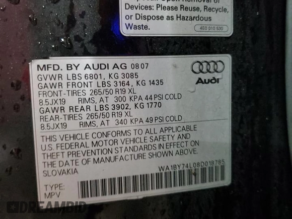 2008 Audi Q7 Premium with VIN WA1BY74L08D018785, listed as a Copart auction lot 47551055 with 136,130 mi miles and Salvage title. Bid and sale history available at DreamBid. Image 13.