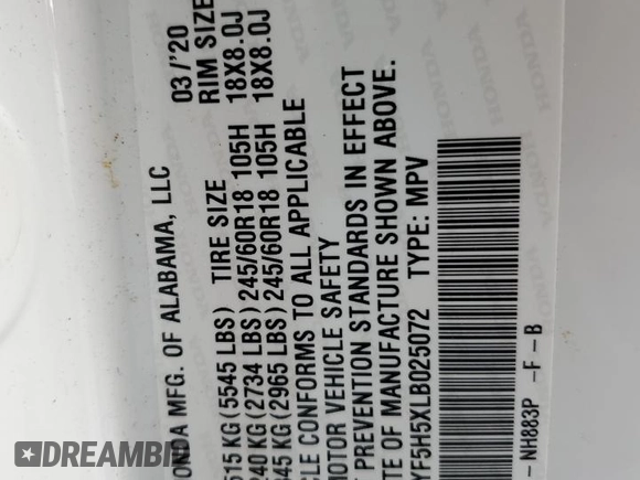 2020 Honda Pilot EX-L с VIN 5FNYF5H5XLB025072, выставлен на аукционе Copart как лот 53275905 с пробегом 34 258 миль миль и Списание • Salvage title. История ставок и продаж доступна на DreamBid. Изображение 13.