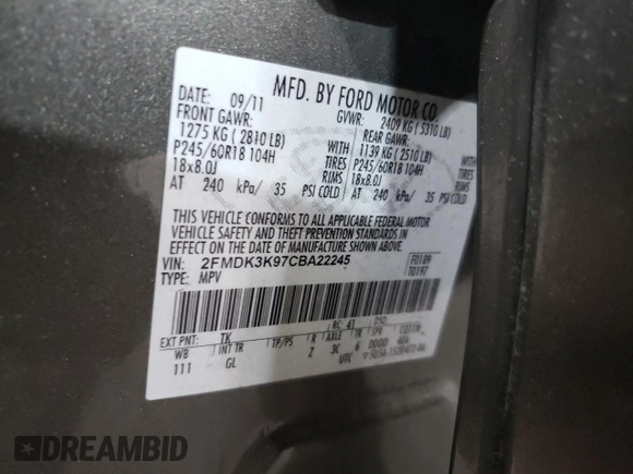 2012 Ford Edge Limited with VIN 2FMDK3K97CBA22245, listed as a Copart auction lot 46698165 with 237,042 mi miles and Salvage Title. Bid and sale history available at carsss.com. Image 16.