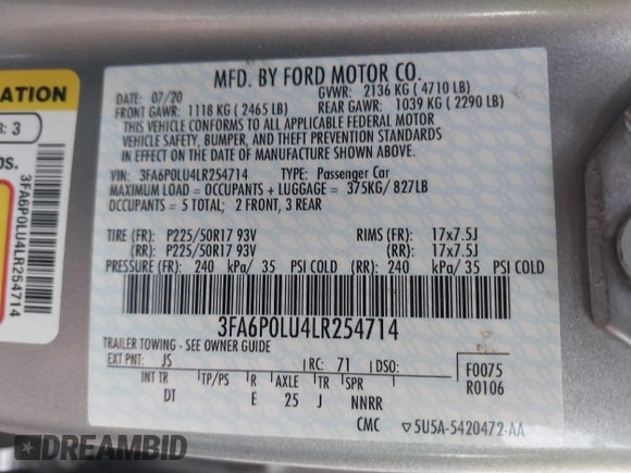 2020 Ford Fusion SE with VIN 3FA6P0LU4LR254714, listed as a IAAI auction lot 41507370 with 40,860 mi miles and . Bid and sale history available at carsss.com. Image 9.