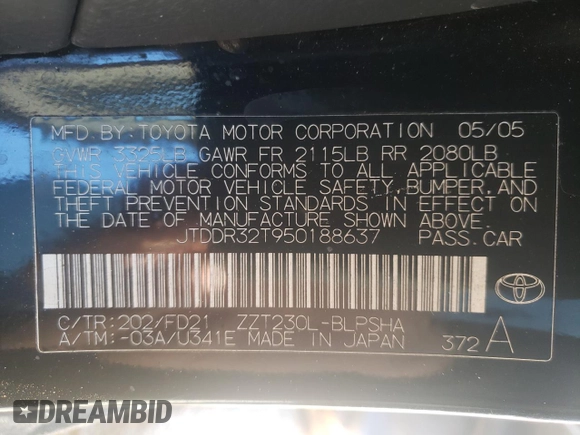 2005 Toyota Celica GT with VIN JTDDR32T950188637, listed as a Copart auction lot 41605265 with 169,175 mi miles and Clean Title. Bid and sale history available at carsss.com. Image 13.