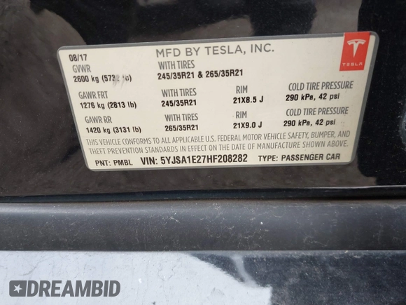 2017 Tesla Model S 100D z VIN 5YJSA1E27HF208282, wystawiony jako IAAI lot #41362736 z przebiegiem 173 162 mil mil oraz . Historia ofert i sprzedaży dostępna na DreamBid. Obrazek 9.