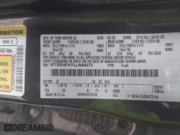 2020 Ford Ranger XL with VIN 1FTER4FH7LLA84272, listed as a IAAI auction lot 42399947 with 60,879 mi miles and . Bid and sale history available at DreamBid. Image 9.