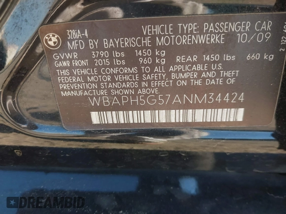 2010 BMW 3 Series 328i with VIN WBAPH5G57ANM34424, listed as a IAAI auction lot 41015978 with 158,945 mi miles and . Bid and sale history available at DreamBid. Image 9.