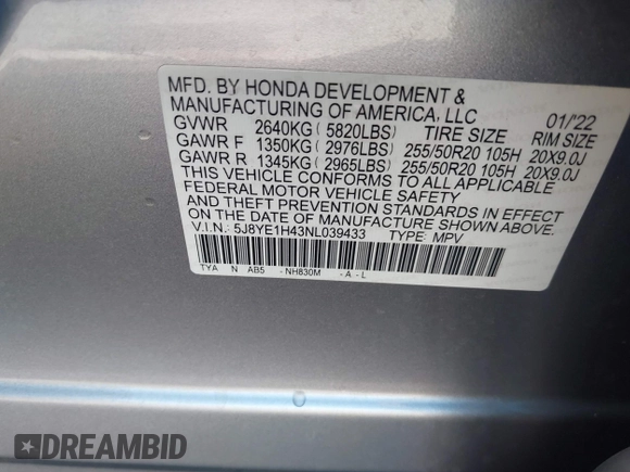 2022 Acura MDX Technology with VIN 5J8YE1H43NL039433, listed as a IAAI auction lot 41317333 with 24,532 mi miles and . Bid and sale history available at DreamBid. Image 9.