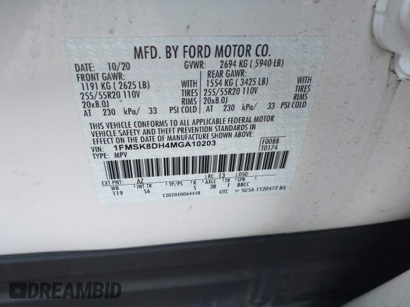 2021 Ford Explorer XLT with VIN 1FMSK8DH4MGA10203, listed as a IAAI auction lot 40713164 with 48,285 mi miles. Bid and sale history available at carsss.com. Image 9.