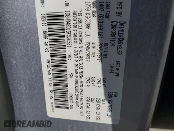 2005 Dodge Durango z VIN 1D8HD48D15F536581, wystawiony jako Copart lot #49892645 z przebiegiem 196 016 mil mil oraz Szkoda całkowita • Salvage title. Historia ofert i sprzedaży dostępna na DreamBid. Obrazek 13.