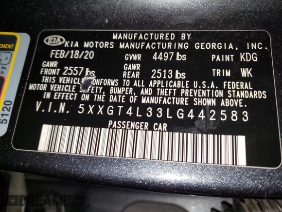 2020 Kia Optima LX with VIN 5XXGT4L33LG442583, listed as a Copart auction lot 49961425 with 85,280 mi miles and Clean Title. Bid and sale history available at carsss.com. Image 12.