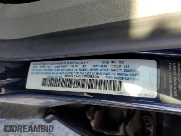 2003 Volkswagen Jetta GL с VIN 3VWRK69M53M038820, выставлен на аукционе Copart как лот 42555005 с пробегом 121 061 миль миль и Списание • Salvage title. История ставок и продаж доступна на DreamBid. Изображение 12.