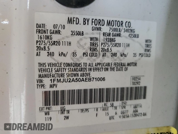 2010 Ford Expedition Limited z VIN 1FMJU2A50AEB71006, wystawiony jako Copart lot #59750275 z przebiegiem 225 600 mil mil oraz Czysty tytuł • Clean title. Historia ofert i sprzedaży dostępna na DreamBid. Obrazek 13.