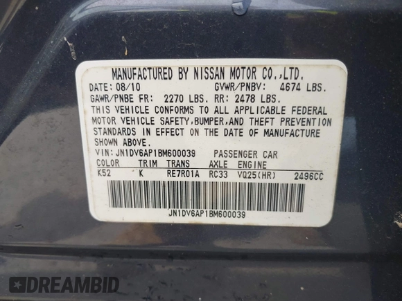 2011 Infiniti G25 with VIN JN1DV6AP1BM600039, listed as a IAAI auction lot 42689063 with 101,797 mi miles and . Bid and sale history available at DreamBid. Image 9.
