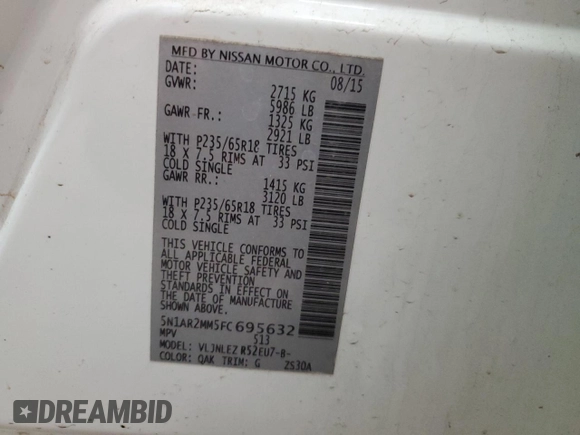 2015 Nissan Pathfinder SV z VIN 5N1AR2MM5FC695632, wystawiony jako Copart lot #53789225 z przebiegiem 145 391 mil mil oraz Szkoda całkowita • Salvage title. Historia ofert i sprzedaży dostępna na DreamBid. Obrazek 12.