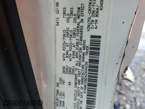 1999 Toyota Tacoma with VIN 4TAWN72N2XZ434256, listed as a Copart auction lot 49873685 with 285,424 mi miles and Salvage title. Bid and sale history available at DreamBid. Image 12.