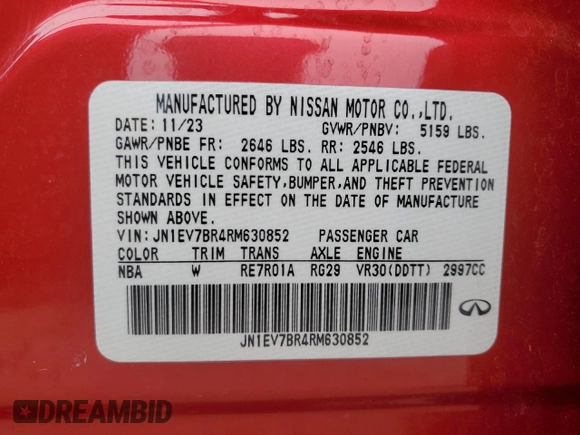 2024 Infiniti Q50 Luxe with VIN JN1EV7BR4RM630852, listed as a Copart auction lot 44844395 with 12,051 mi miles and Salvage Title. Bid and sale history available at DreamBid. Image 14.