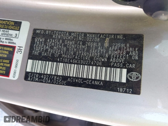 2009 Toyota Camry with VIN 4T1BE46KX9U274706, listed as a IAAI auction lot 42037604 with 216,438 mi miles and . Bid and sale history available at DreamBid. Image 9.
