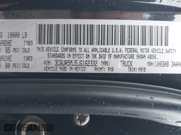 2018 Ram 2500 Big Horn with VIN 3C6UR5MJ5JG162332, listed as a IAAI auction lot 42002877 with 66,251 mi miles and . Bid and sale history available at DreamBid. Image 9.
