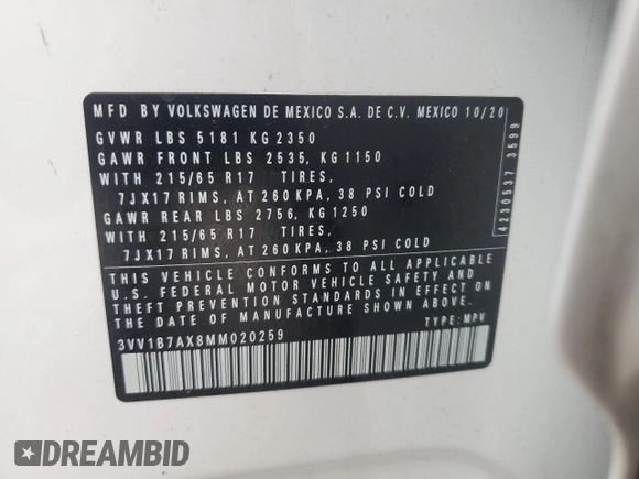 2021 Volkswagen Tiguan S с VIN 3VV1B7AX8MM020259, выставлен на аукционе Copart как лот 55444955 с пробегом 55 052 миль миль и Списание • Salvage title. История ставок и продаж доступна на DreamBid. Изображение 14.