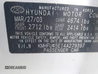 2004 Hyundai XG with VIN KMHFU45E14A279397, listed as a IAAI auction lot 42153103 with Not Provided miles and . Bid and sale history available at DreamBid. Image 9.