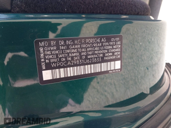 2001 Porsche Boxster z VIN WP0CA29831U623833, wystawiony jako IAAI lot #42075731 z przebiegiem 69 922 mil mil oraz . Historia ofert i sprzedaży dostępna na DreamBid. Obrazek 9.