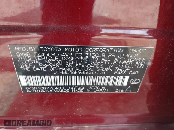 2008 Lexus LS 460 z VIN JTHBL46F985052775, wystawiony jako IAAI lot #42288309 z przebiegiem 159 808 mil mil oraz . Historia ofert i sprzedaży dostępna na DreamBid. Obrazek 9.