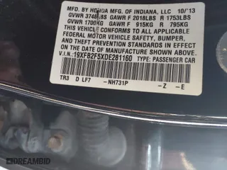 2013 Honda Civic Sdn LX with VIN 19XFB2F5XDE281160, listed as a IAAI auction lot 41804345 with 153,718 mi miles. Bid and sale history available at carsss.com. Image 9.