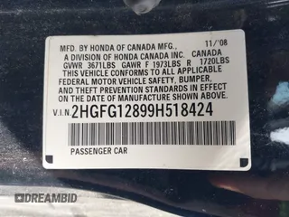 2009 Honda Civic EX with VIN 2HGFG12899H518424, listed as a IAAI auction lot 42019765 with 214,577 mi miles and . Bid and sale history available at DreamBid. Image 9.