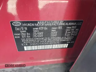 2019 Hyundai Santa Fe SE z VIN 5NMS23AD0KH073670, wystawiony jako IAAI lot #41578398 z przebiegiem 154 716 mil mil oraz . Historia ofert i sprzedaży dostępna na DreamBid. Obrazek 9.