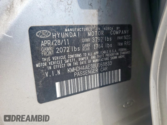 2011 Hyundai Elantra GLS z VIN KMHDH4AE3BU168833, wystawiony jako Copart lot #58830065 z przebiegiem 147 051 mil mil oraz Szkoda całkowita • Salvage title. Historia ofert i sprzedaży dostępna na DreamBid. Obrazek 12.