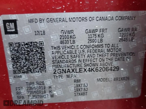 2019 Chevrolet Equinox LT with VIN 2GNAXLEX4K6206429, listed as a Copart auction lot 87500565 with 69,172 mi miles and Salvage Title. Bid and sale history available at DreamBid. Image 15.