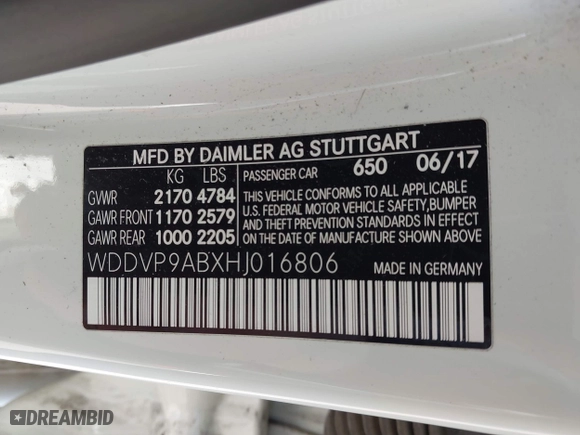 2017 Mercedes-Benz B-Class with VIN WDDVP9ABXHJ016806, listed as a IAAI auction lot 42106582 with 47,329 mi miles. Bid and sale history available at carsss.com. Image 9.