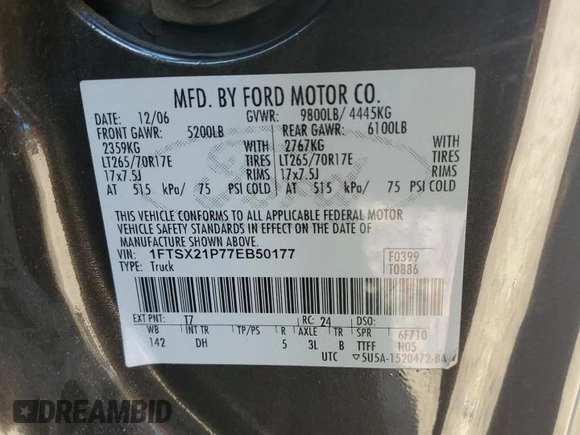 2007 Ford F-250 XL with VIN 1FTSX21P77EB50177, listed as a Copart auction lot 49782485 with 121,286 mi miles and Clean Title. Bid and sale history available at DreamBid. Image 12.